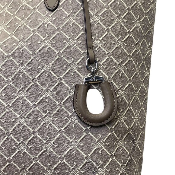 Lauren Ralph Lauren Women’s Gray Monogram Faux Leather Shoulder Straps Tote Bag - Picture 14 of 16